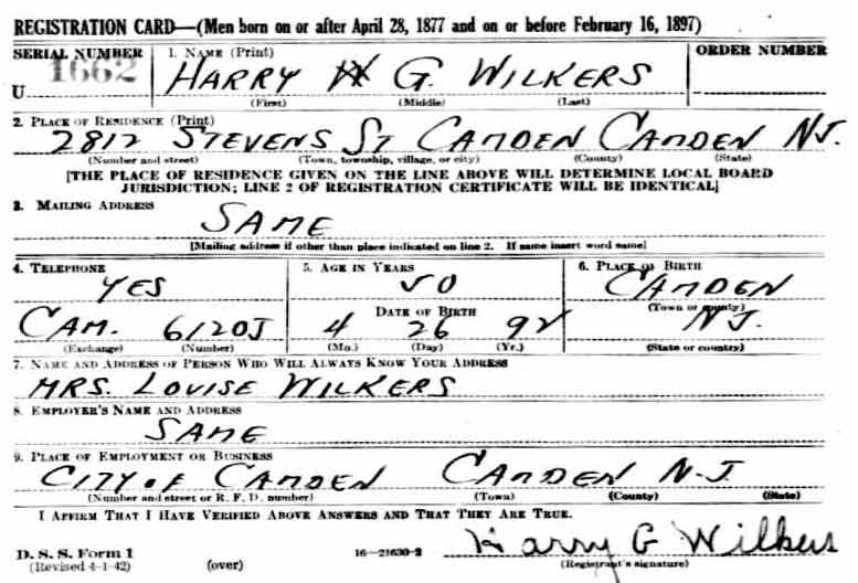 World War II Draft Registration Card for Harry G. Wilkers Sr.