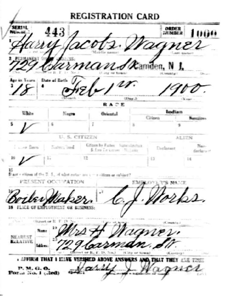 World War I draft registration card for Harry Jacobs Wagner Jr.
