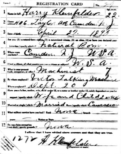 World War I draft registration card for Harry Kleinfelder, front