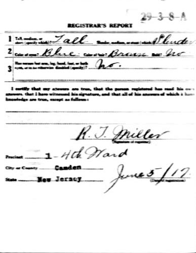 World War I draft registration card for Harry Kleinfelder, registrar's report