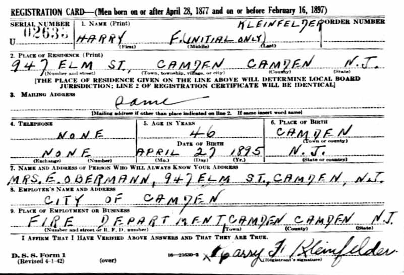 World War II draft registration card for Harry F. Kleinfelder