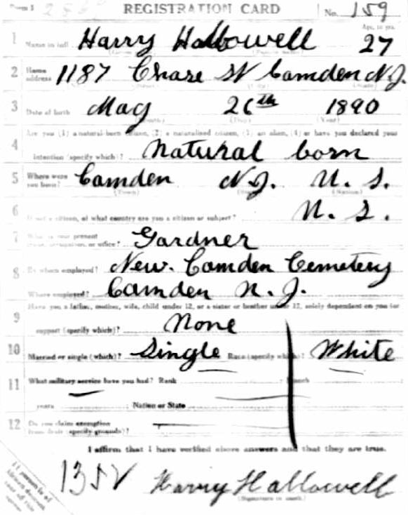 Harry Lynch Hallowell World War I draft registration card, front