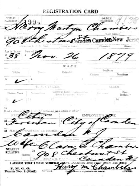 Harry M. Chambers World War I draft card, front