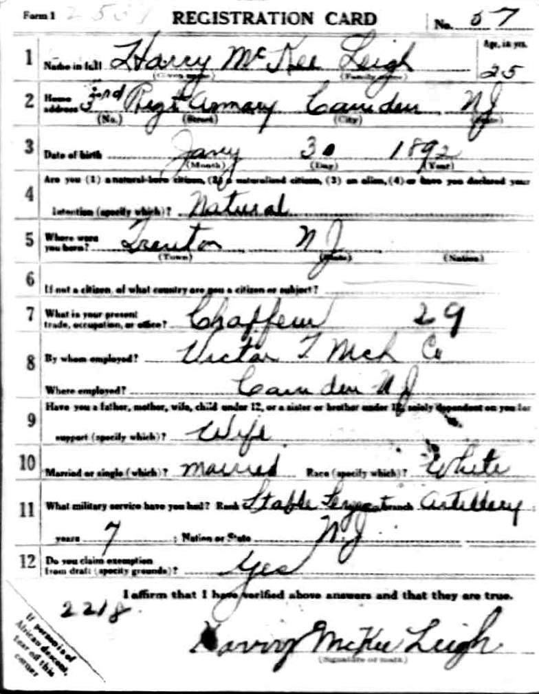 Harry McKee Leigh World War I draft card, front