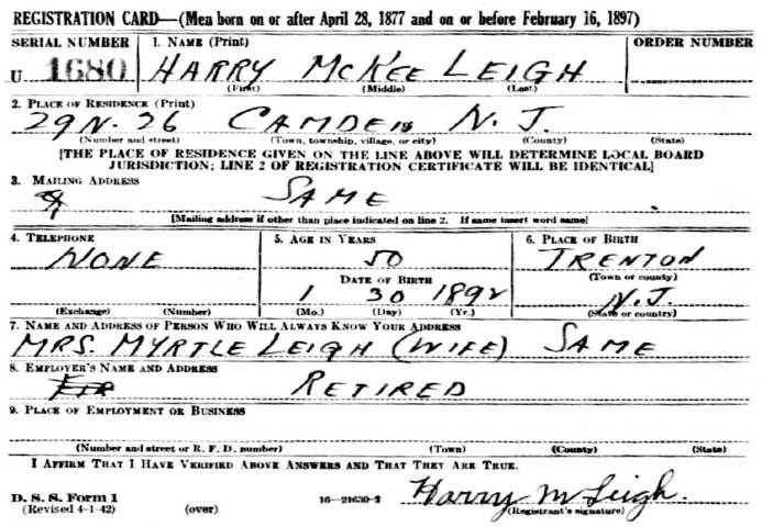 Harry McKee Leigh World War II draft card