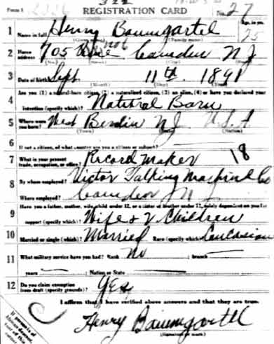 Henry Baumgartel World War I draft card, front