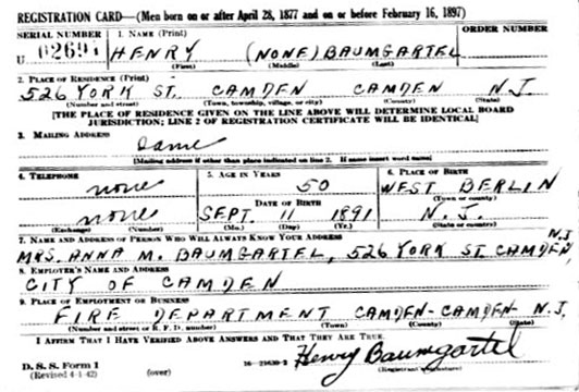 Henry Baumgartel World War II draft card