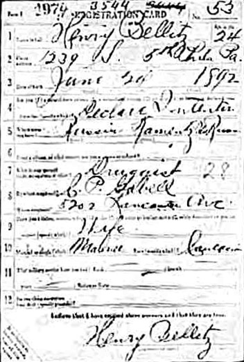 World War I Draft Registration Card for Henry Bellitz, front