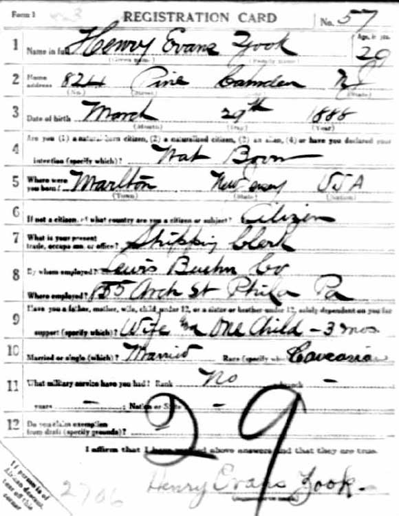Henry Evans Zook — WWI Draft Registration Card (front)