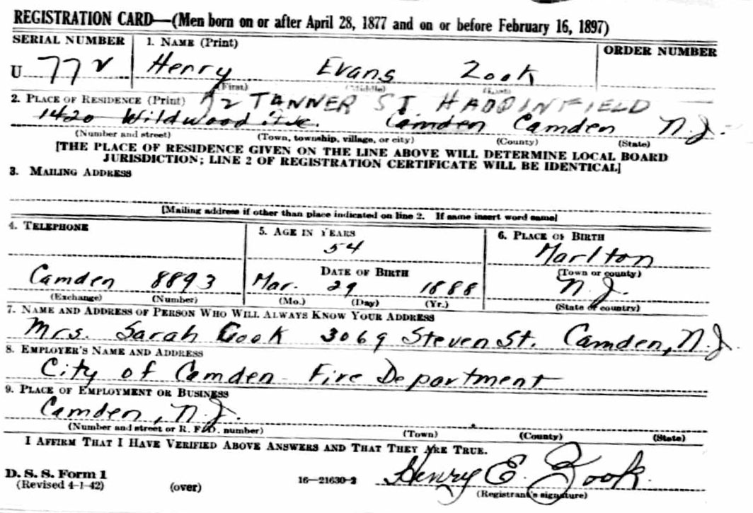 Henry Evans Zook — WWII Draft Registration Card