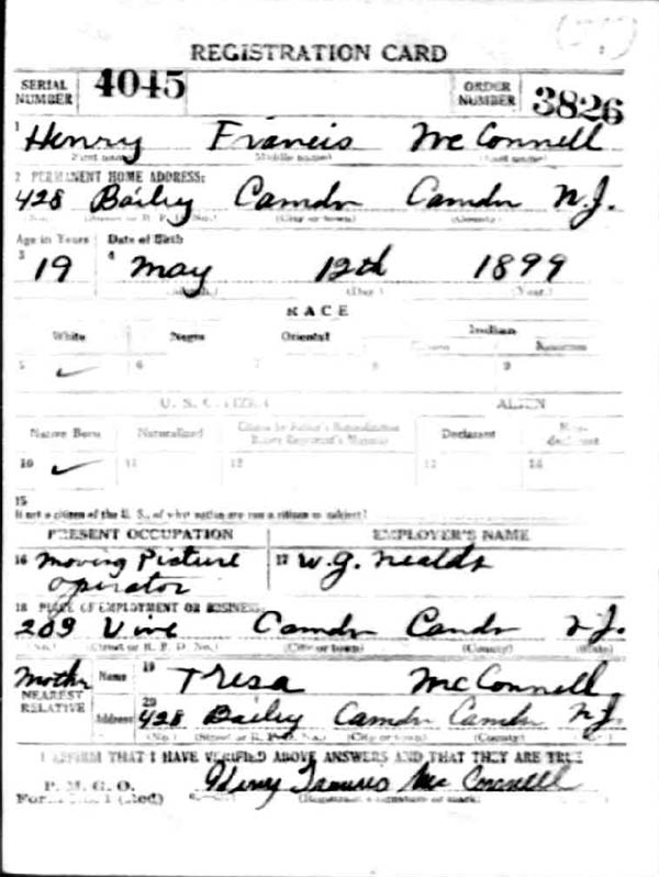 Henry Francis McConnell World War I draft card, front