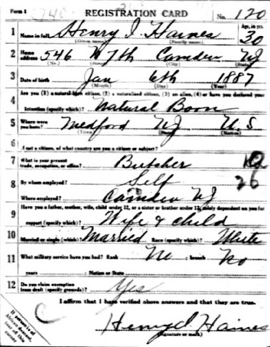 Henry Isaac Haines World War I draft card, side 1