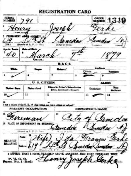 Henry J. Gerke World War I draft registration card