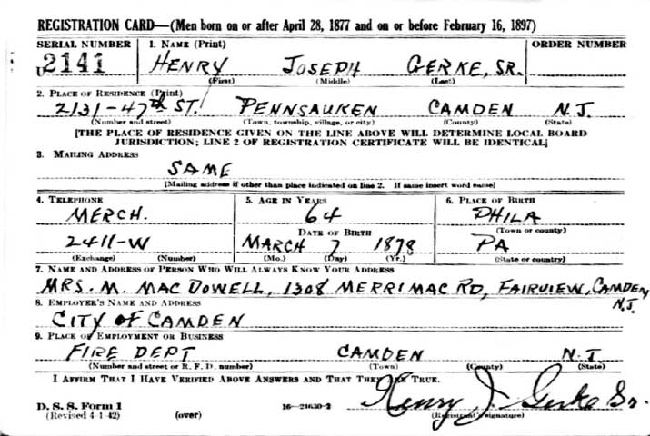 Henry J. Gerke Sr. World War II draft registration card