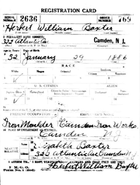 Herbert W. Baxter Sr. World War I draft card, front