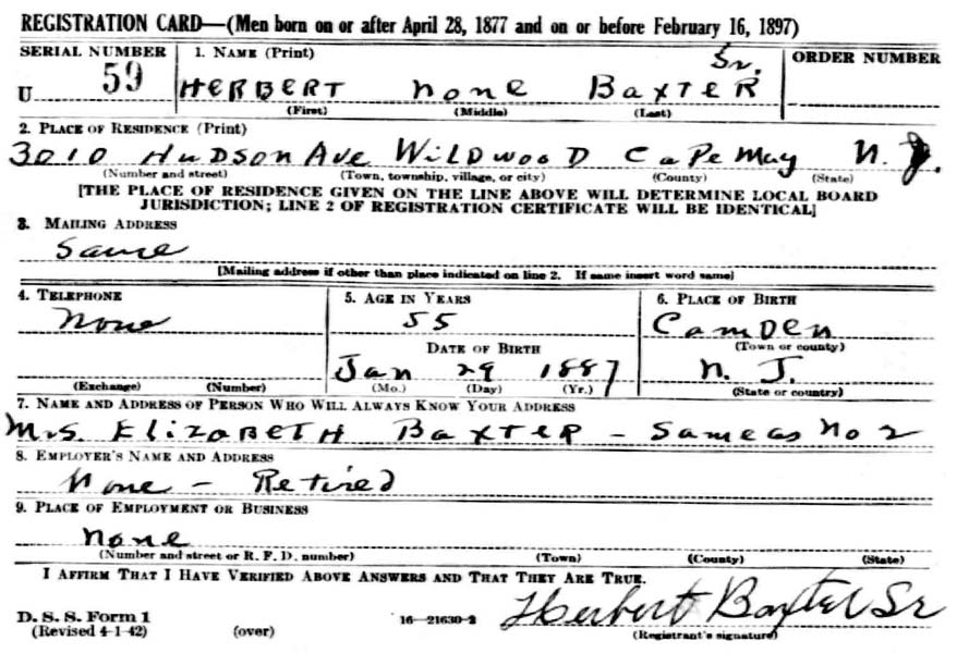 Herbert W. Baxter Sr. World War II draft card