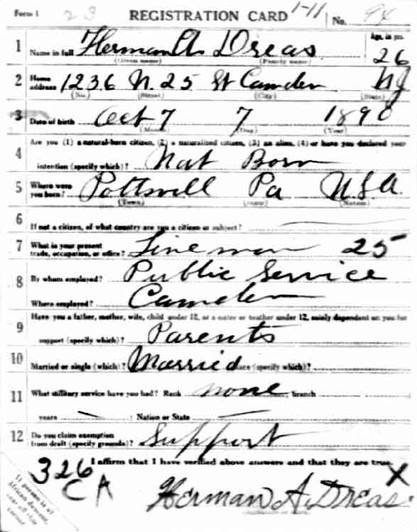 WWI Draft Registration Card for Herman A. Dreas, front