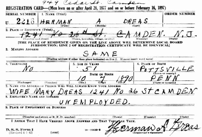 WWII Draft Registration Card for Herman A. Dreas