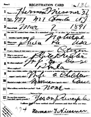 Herman F. Niessner World War I Draft Card, front
