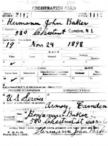 Herman J. Baker World War I draft card, front