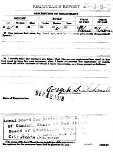 Herman J. Baker World War I draft card, back
