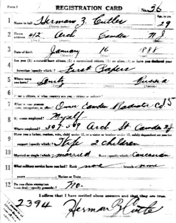 Herman Z. Cutler WWI Draft Registration Card, front