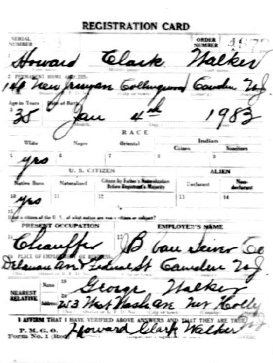 Howard Clark Walker World War I draft registration card
