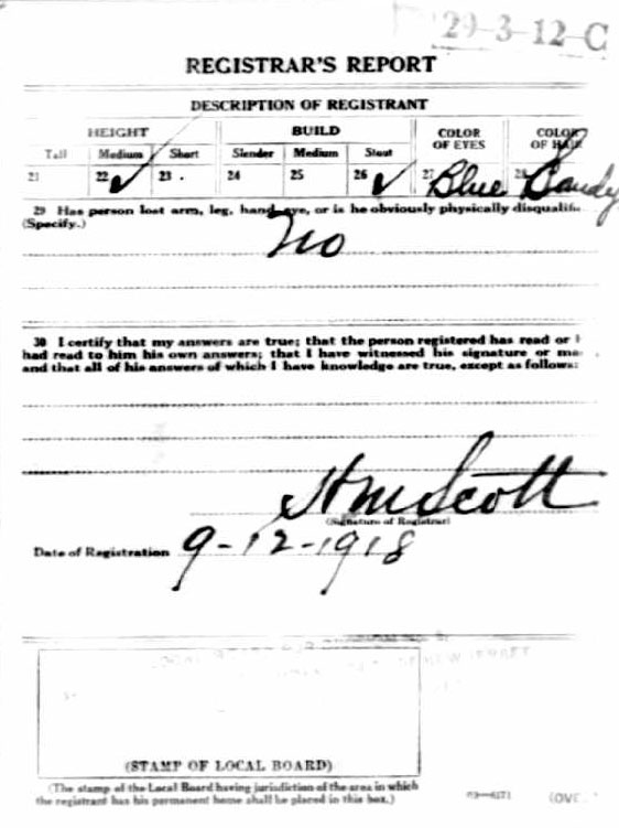 Howard Clark Walker World War I draft registrar's report