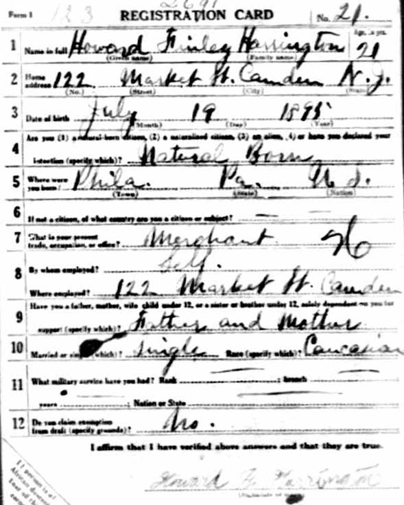 Howard F. Harrington World War I draft card, front