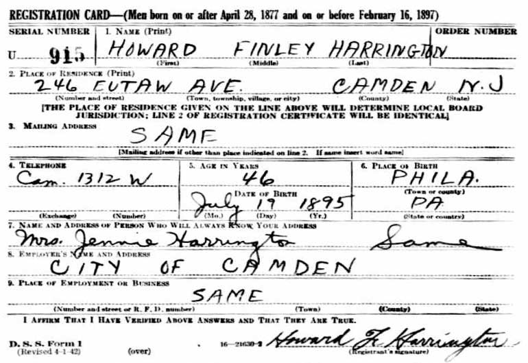 Howard F. Harrington World War II draft card, 1942