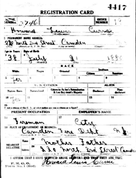 World War I Draft Registration Card — Howard Lewis Currie (front)