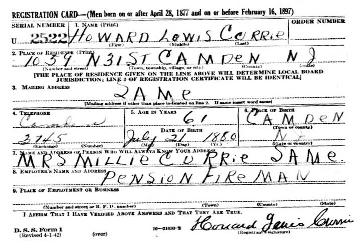 World War II Draft Registration Card — Howard Lewis Currie, April 1942