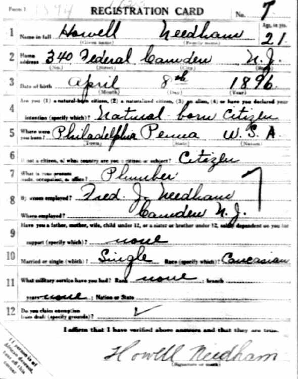 WWI Draft Registration Card — Howell Needham, 340 Federal Street, Camden, NJ