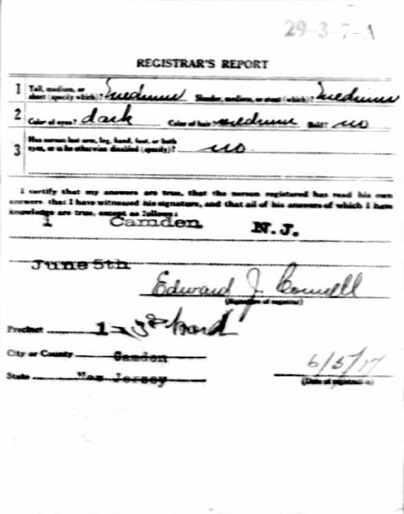 WWI Draft Registration Card (Registrar's Report) — Howell Needham, Camden NJ, June 5, 1917