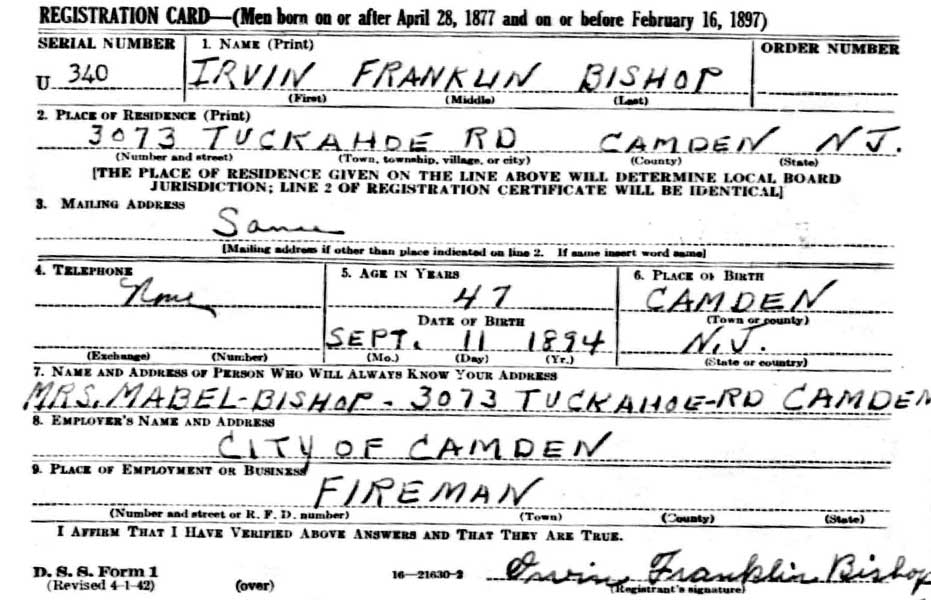 World War II Draft Registration Card for Irvin Franklin Bishop