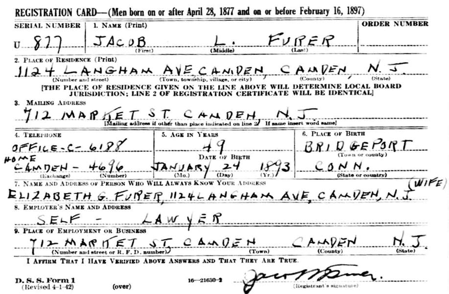World War II Draft Registration Card — Jacob L. Furer