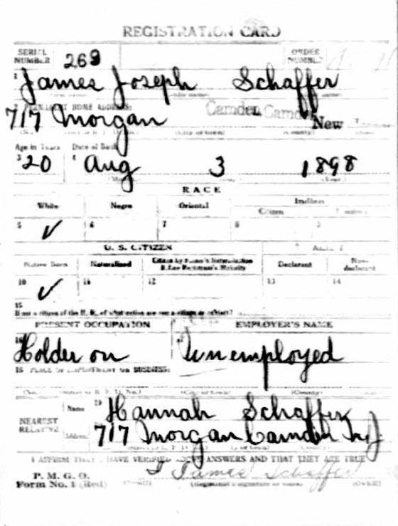 World War I draft registration card for James Joseph Schaffer, front