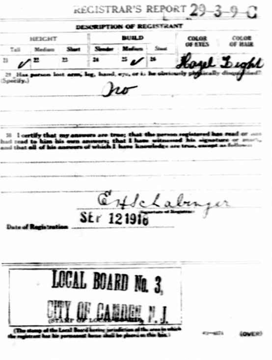 World War I draft registration card for James Joseph Schaffer, back