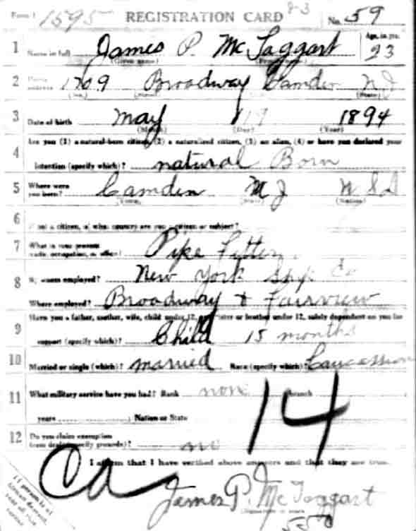 World War I draft registration card for James McTaggart, 1917
