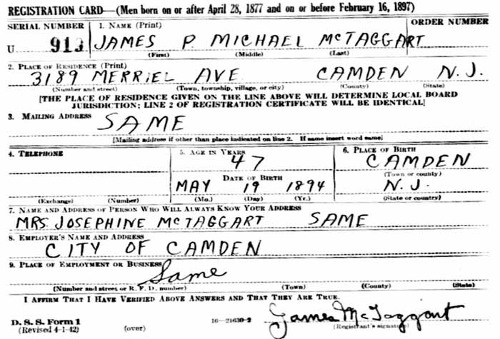World War II draft registration card for James McTaggart, 1942