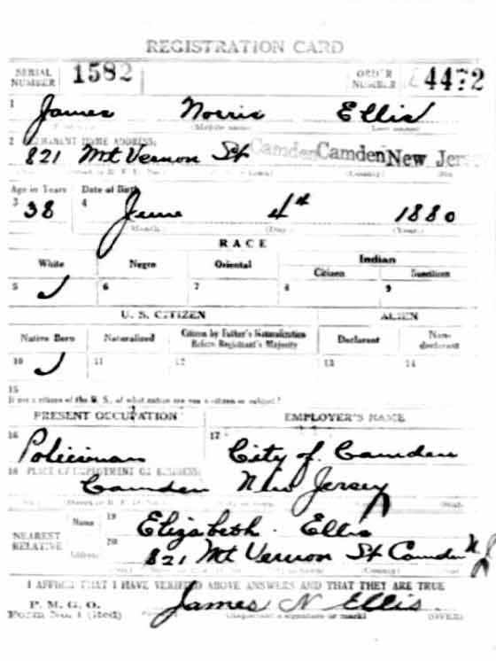 James Norris Ellis WWI Draft Registration Card, front