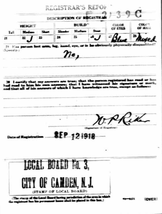 James Norris Ellis WWI Draft Registration Card, back