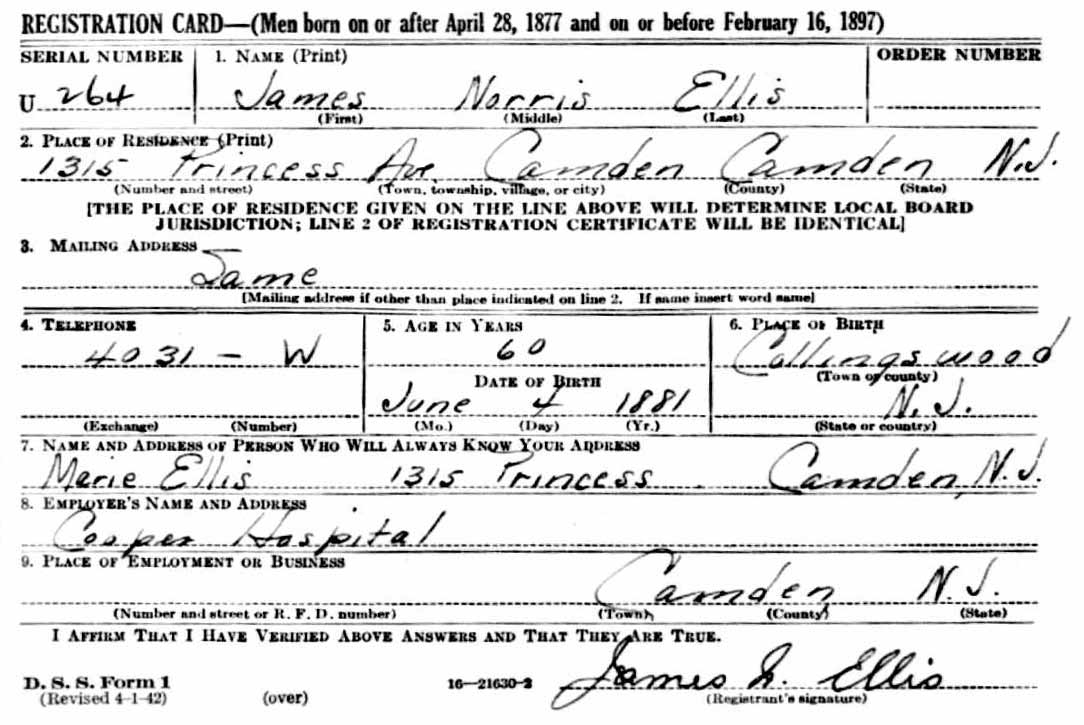 James Norris Ellis WWII Draft Registration Card