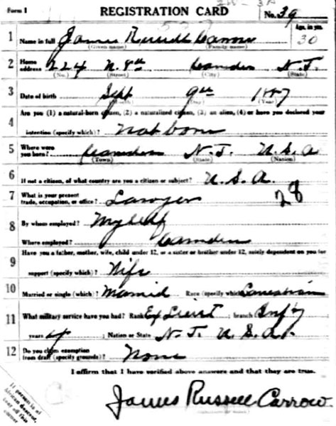 World War I draft registration card for James Russell Carrow, front