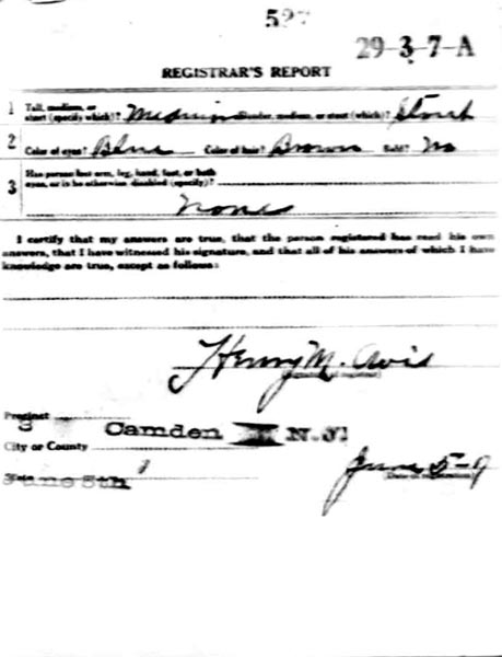 World War I draft registration card for James Russell Carrow, registrar's report