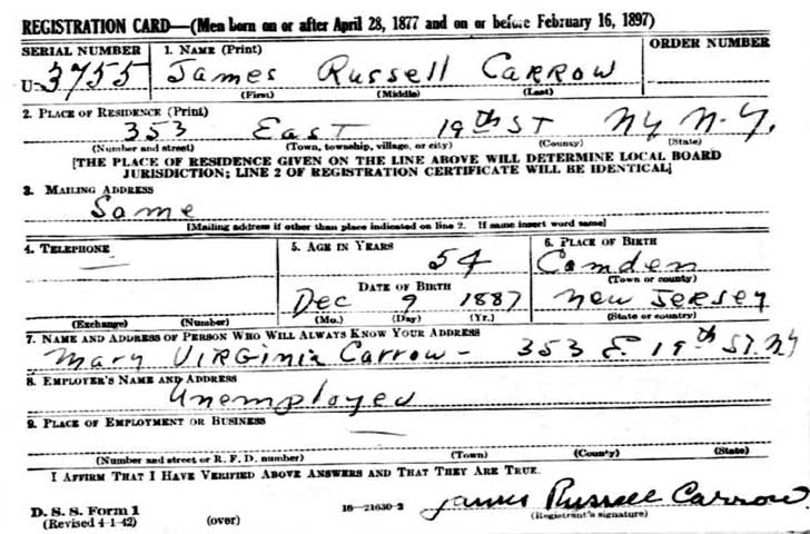 World War II draft registration card for James Russell Carrow