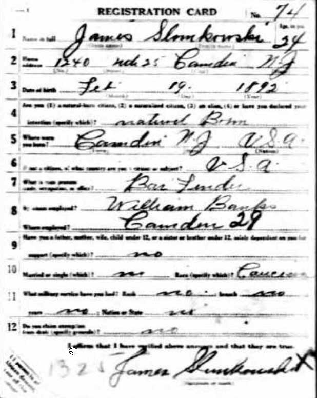 World War I draft registration card for James J. Slomkowski, front