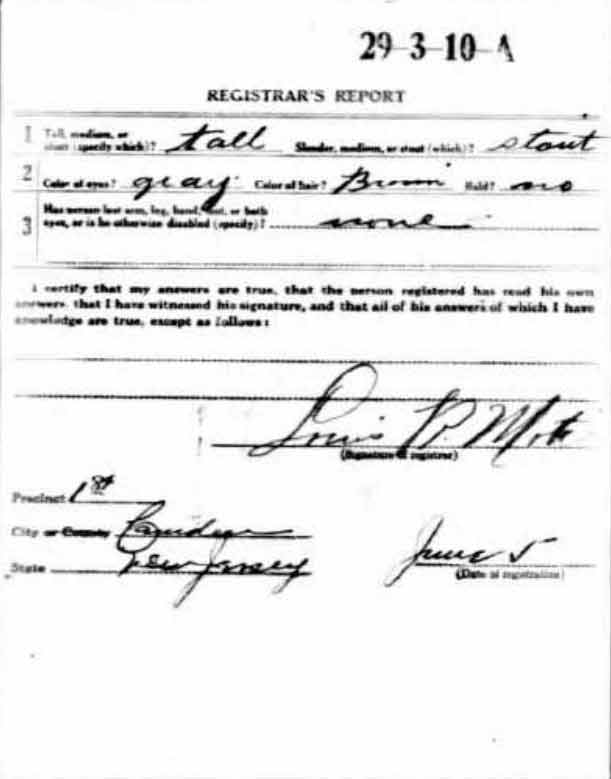 World War I draft registration card for James J. Slomkowski, back