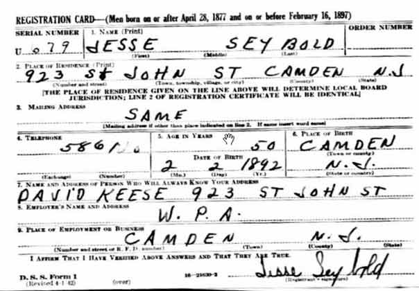 WWII Draft Registration Card for Jesse Seybold, registered 1942