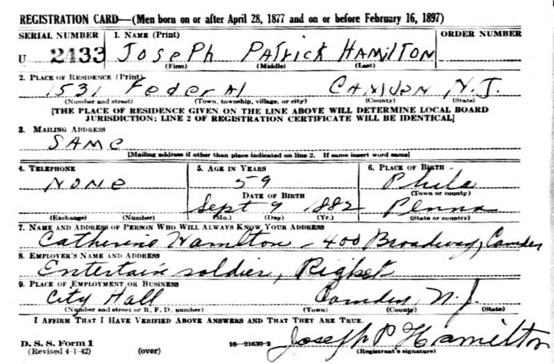 Joe Hamilton World War II Draft Card